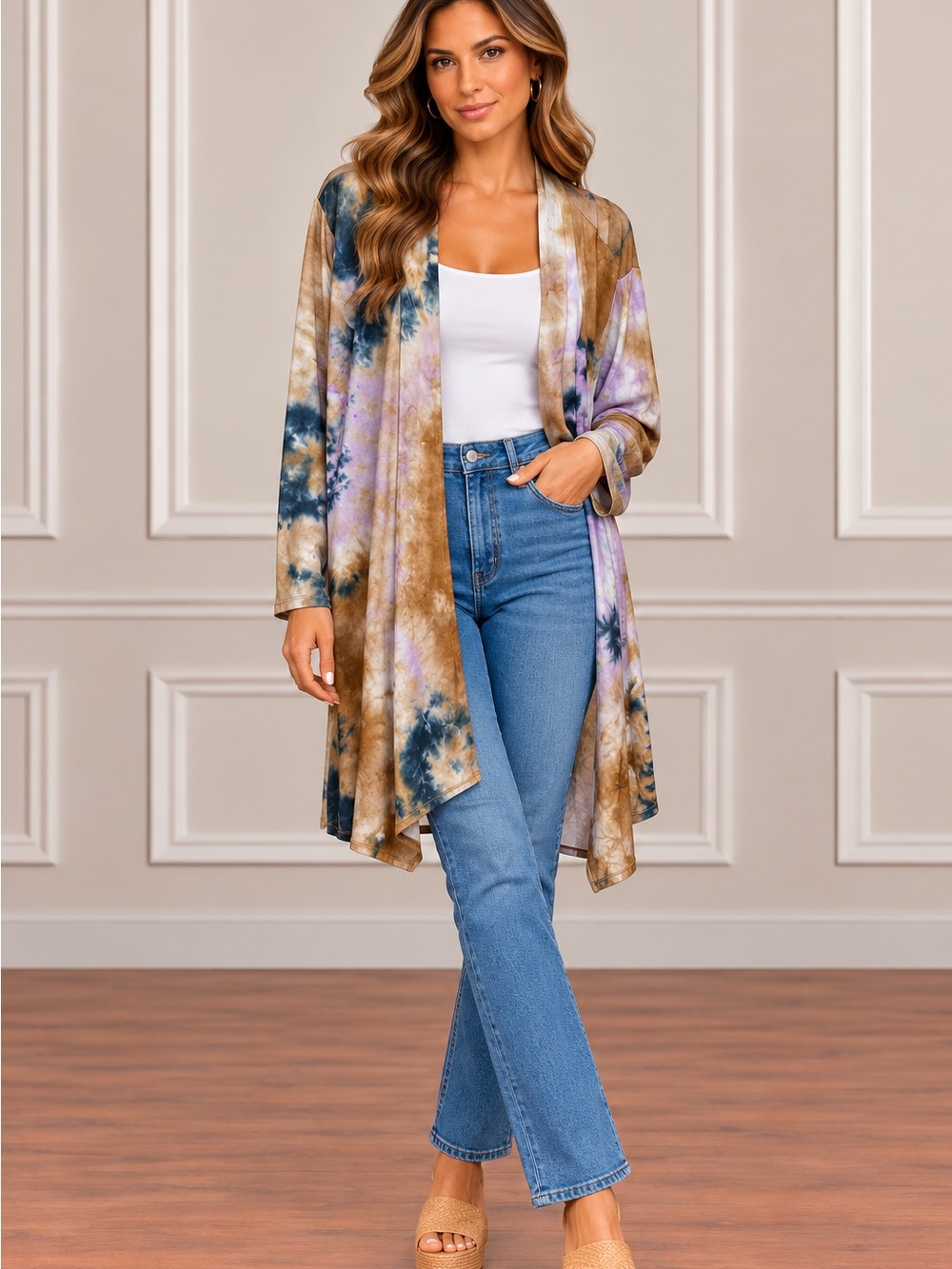 Yahada Multicolor Tie-Dye Open Front Cardigan - Blue, Brown, Purple
